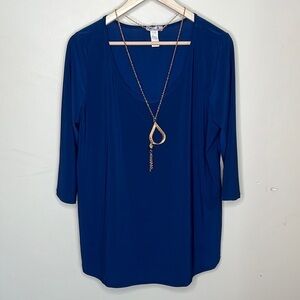 BLOSSOM BY P NAVY BLUE SCOOP NECK 3/4 SLEEVE WITH COPPER COLORED NECKLACE 1XL